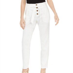 NEW I.N.C. White Linen Rayon Spandex Hi Rise Tapered Leg Pants Tie Belt 12 $79